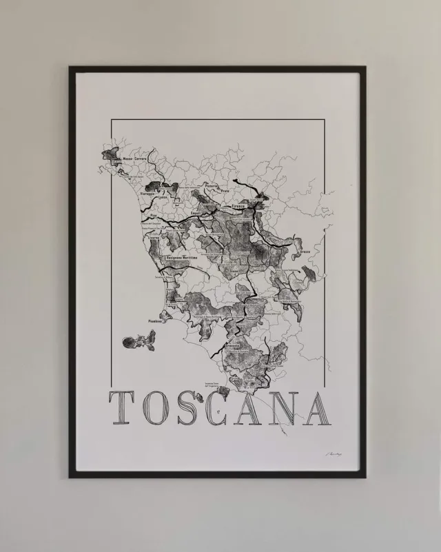 Brushery Poster wijnkaart Toscane - Italië - zwartwit - wijnstreek