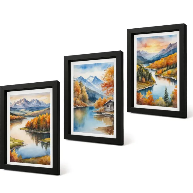 Coloray 4-Delige Schilderij Set - Herfstlandschap in de bergen met een rivier en een huisje aan het water. - 20 x 30 cm - Decoratieve Muurdecoratie - Slaapkamer Zwarte lijst