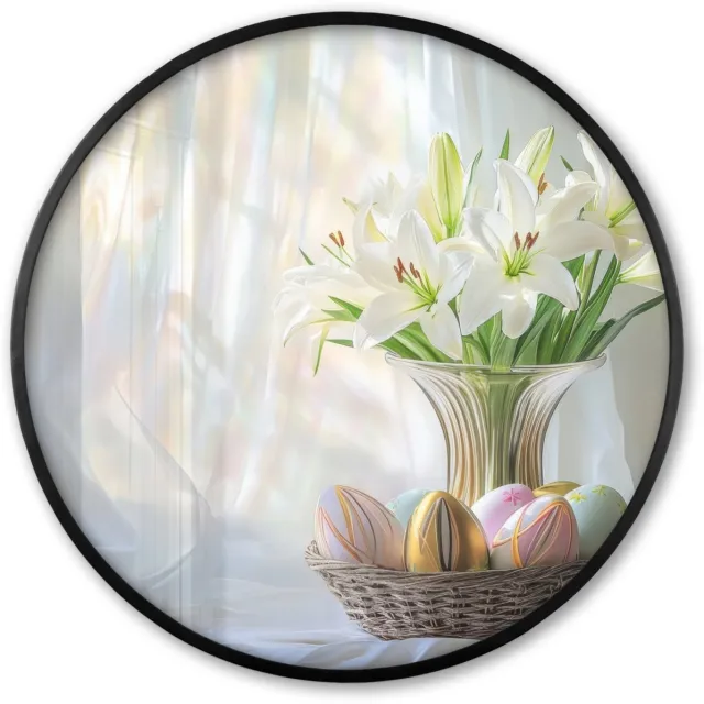 FrameYourWall Poster in lijst Rond - Fotolijst 80x80 cm - Posters - Vaas - Eieren - Bloemen - Ronde posterlijst zwart - Decoratie - Wanddecoratie woonkamer - Muurdecoratie slaapkamer Lelies - Stilleven