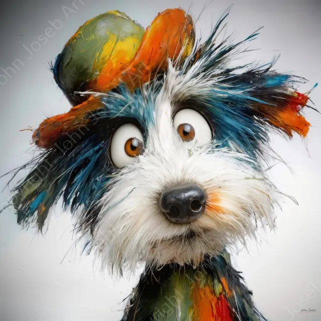 John Joseb Art (Canvas) 100x100 | Gekke grappige hond met hoed, humor, dier, portret, wit, oranje, groen, blauw, modern | Foto-Schilderij canvas print (wanddecoratie) Canvas, dikte 2 cm