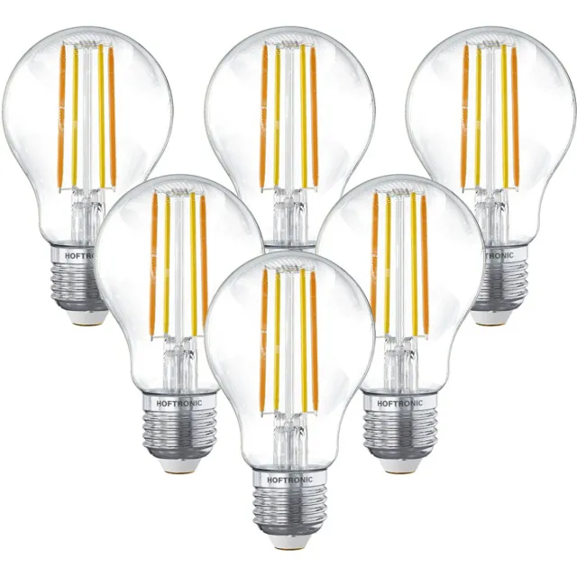HOFTRONIC Set van 6 Smart Gloeilampen - 7 Watt 806 Lumen - Kooldraadlampen - A60 Helder - 1800-3000K - Dimbaar - E27 Filament - Bedienbaar via Google Home & Amazon Alexa