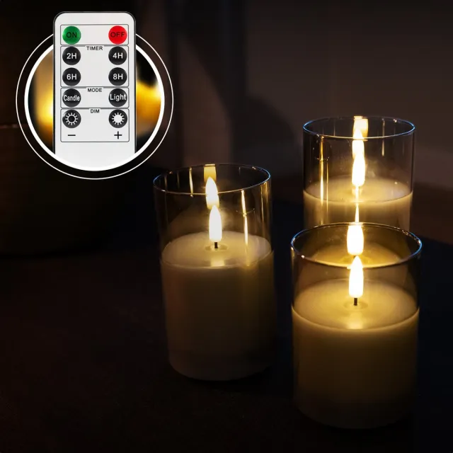 Akaro Oplaadbare LED Kaarsen – 3 LED Kaarsen met Grijs Glas – Nepkaarsen – 75+ Branduren - Inclusief Afstandsbediening