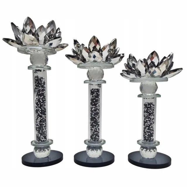 Madex Set van 3 Zwarte Glazen Lotos Kandelaars - Glamour Decoratie