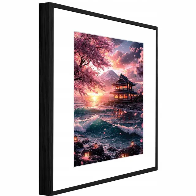 WALLARENA Schilderij met reliëf en passe-partout 90x60 cm - zwarte lijst - Mount Fuji aan zee - wanddecoratie voor woonkamer en slaapkamer Roze