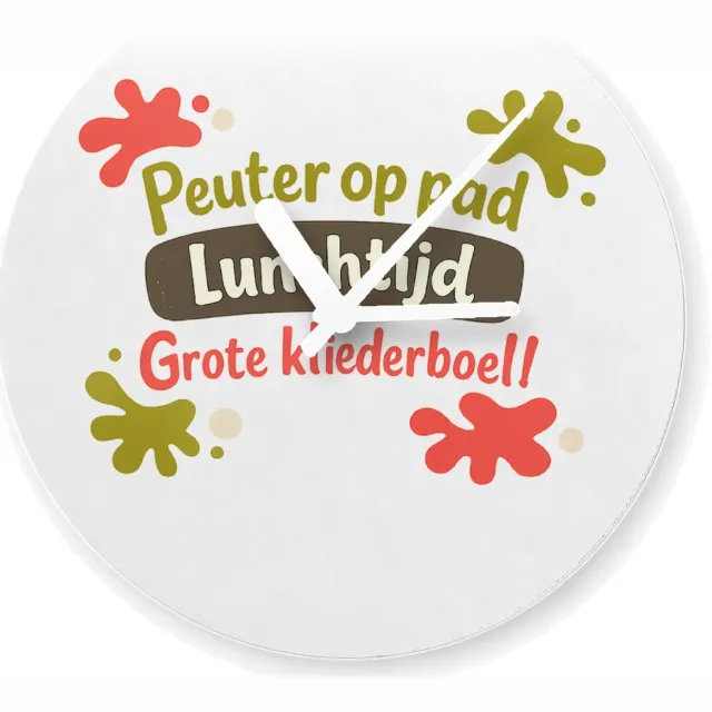 Mr Cadeautjes Glazen klok Ø 20 - design Een speelse typografische print met kliederaccenten rondom e | cadeau Wit