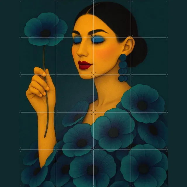 IXXI He Loves Me Ill Just Keep The Flower, Moonheart Artworks - 80 x 100 cm - Grote wanddecoratie en posters - Modern, Speels, Abstract, Geometrische Blauw / Groen