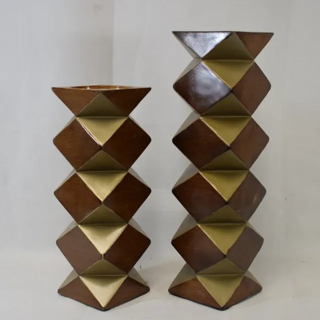 ZoeZo Design 2 stuks - kandelaar - kaarsenhouder - hout - goud - vintage - 2 hoogtes - H 27 - H 34 - vierkant 9 cm bruin - goud