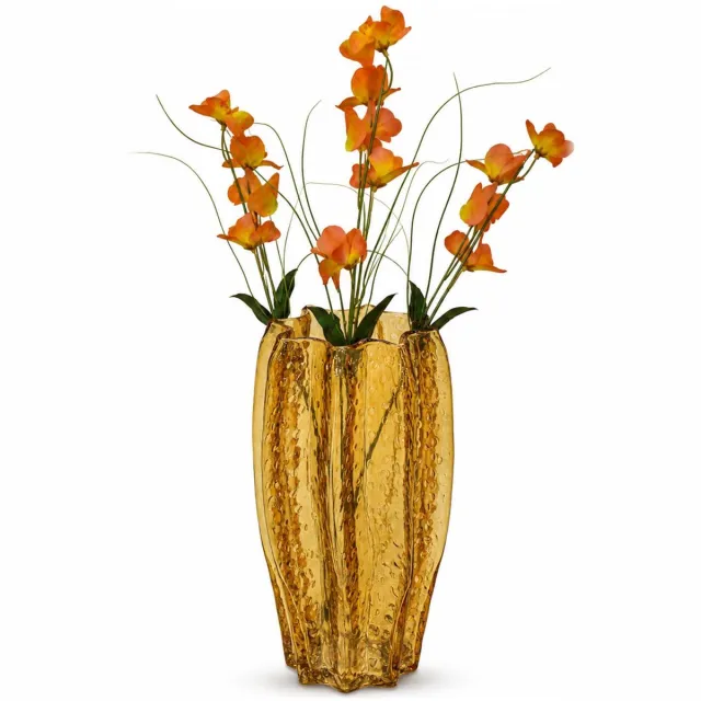 Mega Collections Bloemenvaas Callas - bewerkt sier glas - D13 x H23 cm - transparant amber geel - boeket en stelen - Moderne stijl