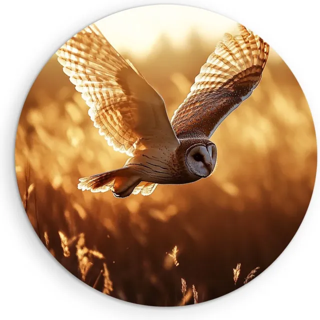 Saammp Forex Muurcirkel - Vliegende Uil - Zonsondergang - Dieren - Ø 30 - Wandcirkel - Wanddecoratie Cirkel - muurdecoratie Woonkamer - Slaapkamer decoratie - Rond Schilderij