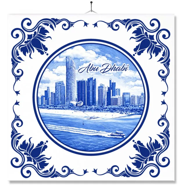 MC Living Tegel Met Opdruk | Abu Dhabi | Delft Blauw | Cadeau | Inclusief Geschenkdoos | Standaard | Ophangsysteem Multi-Color