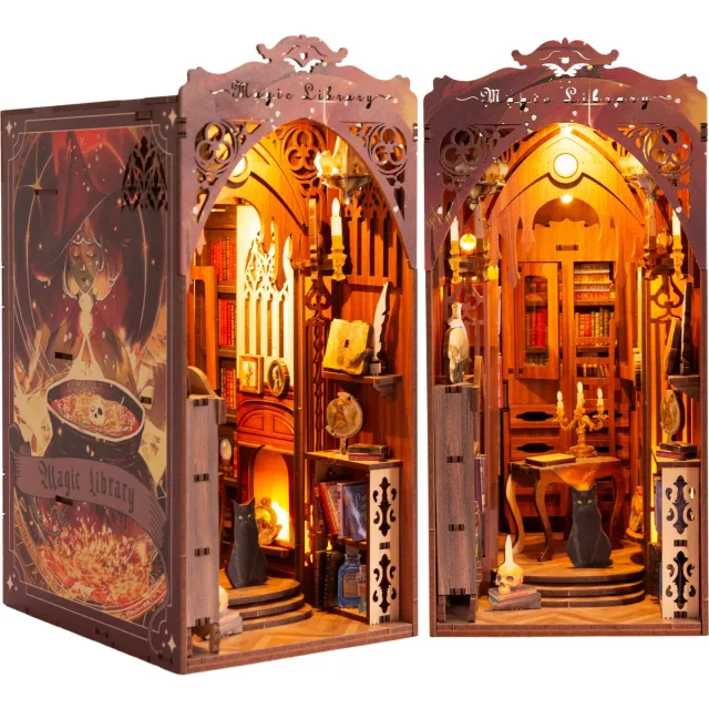 Kitcreatives Bouwpakket Boekensteun Booknook Magic Library met licht sensor- MDF Bruin