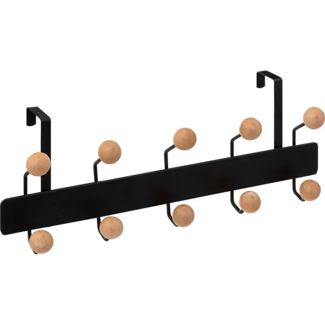 5Five® 5Five Deur ophang kapstok - met 10 ophanghaken/knoppen - zwart/beige - B44 x H17 cm - metaal/hout