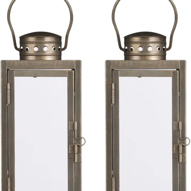 Mica Decorations Lantaarn / windlicht Arzilla - 2x - goud - metaal - verlichting - 13 x 34 cm - voor binnen en buiten Goudkleurig