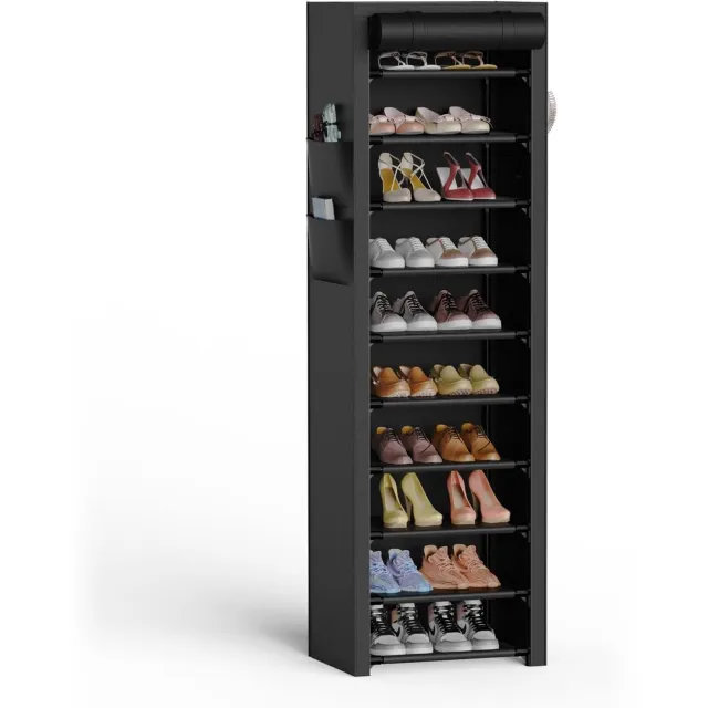 Famanu Schoenenrek met 10 niveaus en stofhoes, biedt opslag voor 20-22 paar schoenen, hoge smalle schoenenopslag, perfect voor kleine ruimtes en eenvoudig aan te passen wit
