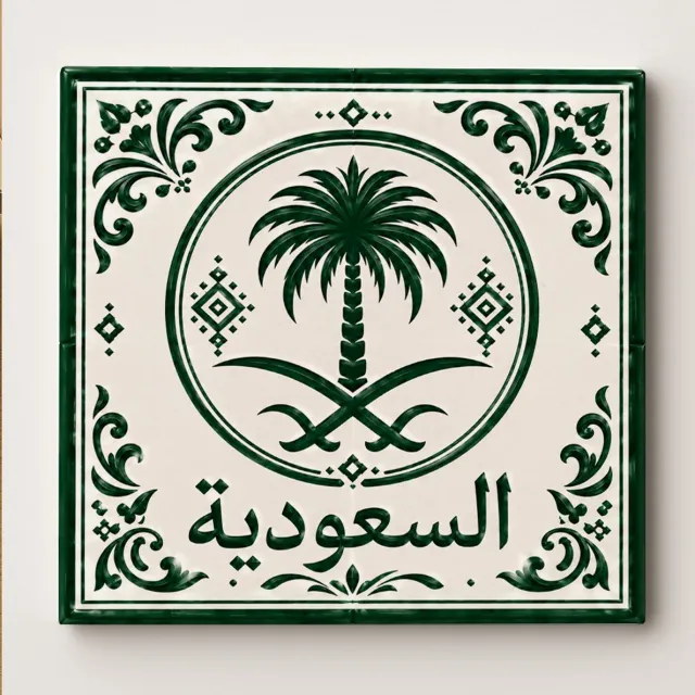 Bedruk King Vintage Saoedi-Arabië Keramische Decoratieve Tegel – Wandkunst met Palmboom en Gekruiste Zwaarden – Arabisch Erfgoed Woondecoratie Cadeau Wit