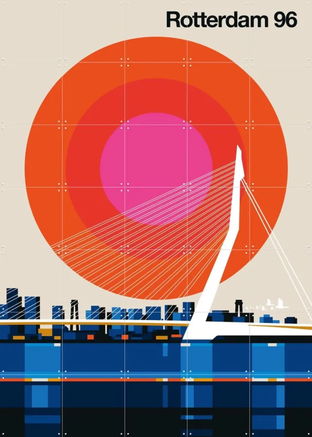 IXXI Rotterdam 96, Bo Lundberg - 100 x 140 cm - Grote wanddecoratie en posters - Geometrische Kunst, Digitale Kunst, Gang, Trap, Stad, Architectuur Oranje / Blauw