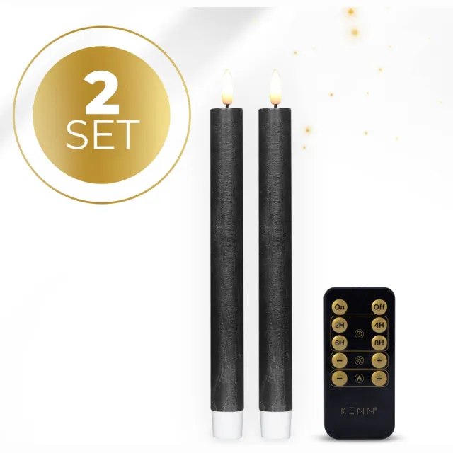 KENN LED Dinerkaarsen op Batterijen – Echte Wax – Set van 2 – Rustiek Zwart – Met Afstandsbediening & Timer – Realistische 3D Vlam – LED Kaarsen – Dinerkaars LED – Kaarsen op Batterijen – LED Tafelkaarsen – Horeca – Realistisch Flikkerende Vlam