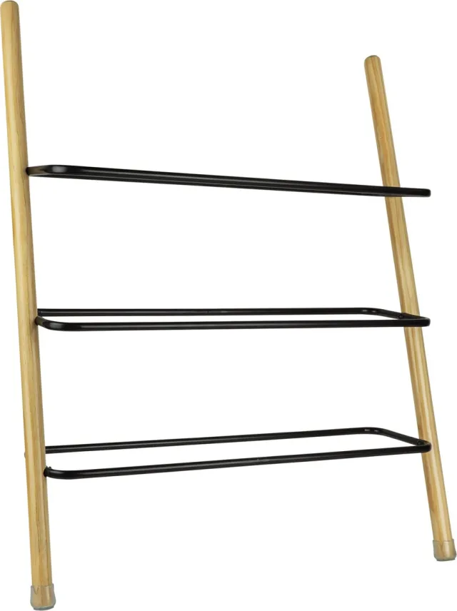 QUVIO Schoenenrek - 3 laags - Schoenenkast - Wand schoenenrek - 6/9 paar schoenen - Hout - Metaal - Lichtbruin - Zwart - 17,5 x 66,5 x 83 cm