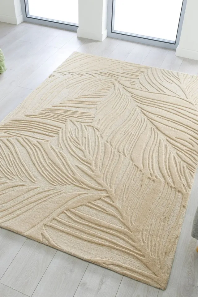 flycarpets Lino Leaf Modern Laagpolig - 100% Wol Vloerkleed - Naturel / Creme - 120x170 cm Beige