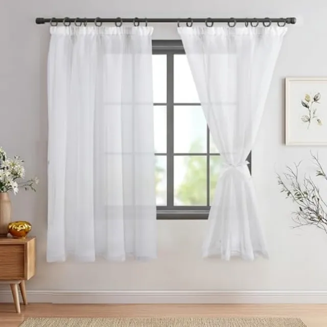 ShawnQ Voile gordijnen met plooiband in linnenlook - transparante gordijnen, 2 stuks, wit, 160 x 140 cm (H x B)