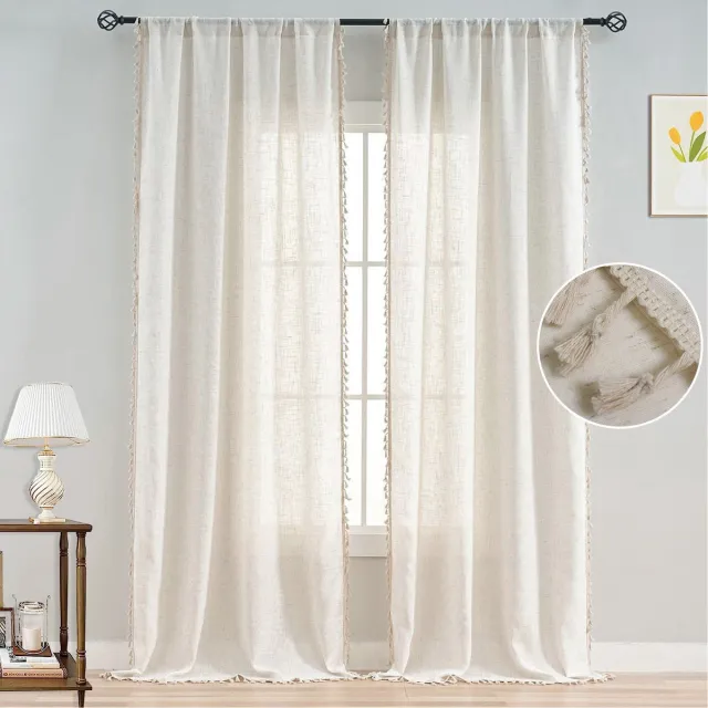 Qelus 1 Stuk Vintage Boho Vitrage met Kwastjes - Gordijn Kant en Klaar 132×213cm Voor Woonkamer/Slaapkamer - Gratis Gordijn Embrasse Crème