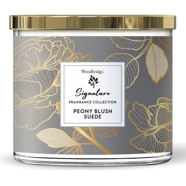 Woodbridge Luxe Geurkaars Met 3 lonten PEONY BLUSH SUEDE - bergamot jasmijn pioen roos viooltjes grijs/goud