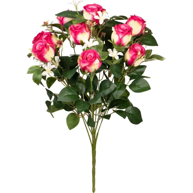 Louis Maes Kunstbloemen boeket rozen/bloesem met bladgroen - cerise - H49 cm - Bloemstuk