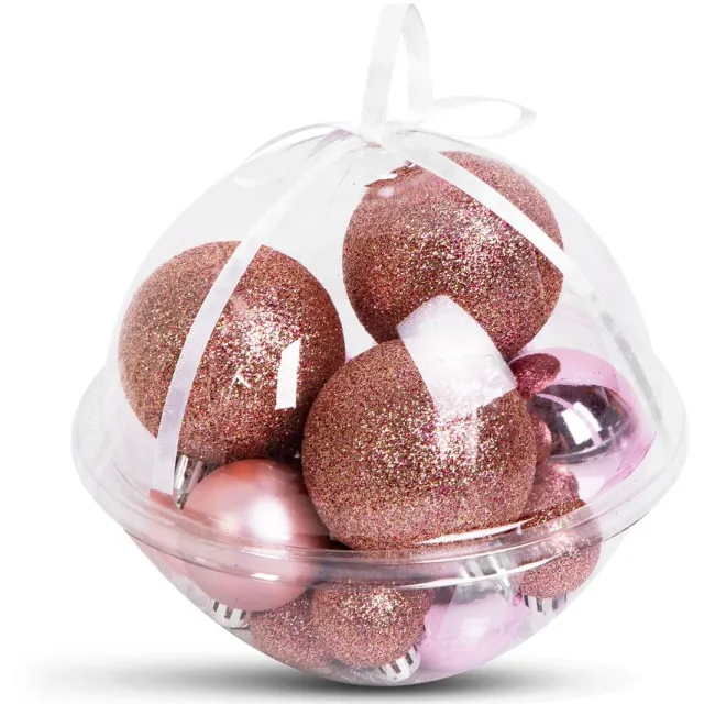 Family Pound Kerstboomdecoratieset met 16 kerstballen (Ø3-6 cm) - roségoud - matte, glanzende & glitter afwerking - elegante plastic ornamenten [58786]