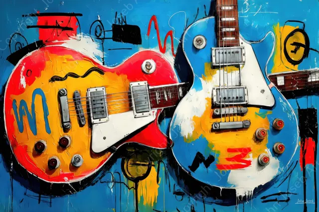 John Joseb Art (Aluminium) 90x60 | Gitaren, abstract, Herman Brood stijl, kleurrijk, kunst, muziekinstrument, gitaar, muziek, rood, blauw, wit, geel, modern | foto-schilderij op dibond, metaal wanddecoratie Aluminium, dikte 3 mm