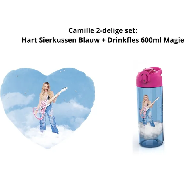 Camille Dhont Camille 2-delige set: Hartvormig Sierkussen Blauw Magie + Drinkfles 600ml Magie