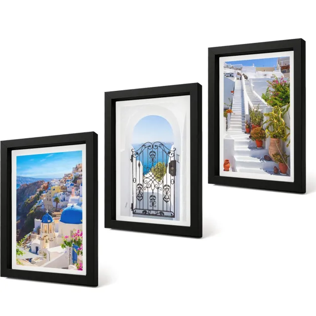 Coloray 4-Delige Schilderij Set - Uitzichten op Santorini en de Griekse architectuur van de stad Oia. - 20 x 30 cm - Muurdecoratie - Wanddecoratie - Slaapkamer - Moderne Wanddecoratie Zwarte lijst