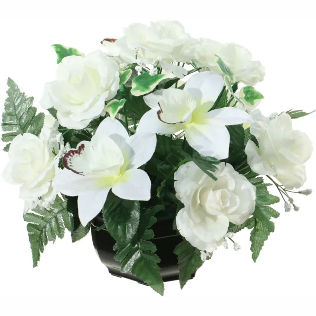 Louis Maes Kunstbloemen plantje in pot - kleuren creme/wit - 25 cm - Bloemstuk ornament - orchidee/rozen met bladgroen