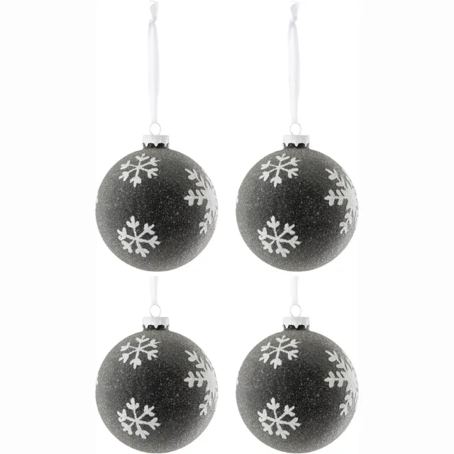 J-Line kerstbal Parels + Sneeuwvlok - glas - grijs/wit - small - doos van 4 Zwart
