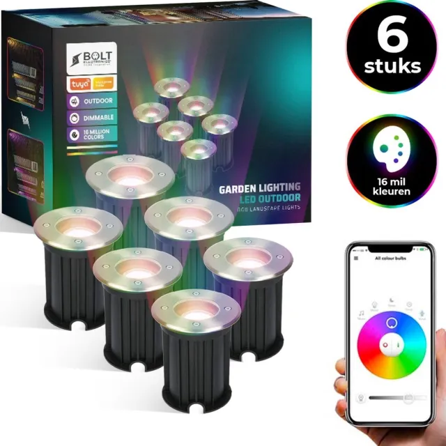 Bolt Electronics® Bolt Electronics Grondspots – LED Spots – Buitenlamp – Tuinspots – Tuinverlichting Lamp – Tuinlamp – Waterdicht – Dimbaar – Bluetooth – RVS – 5.5 Watt – 230V – Besturing via app – 6 stuks Multicolour