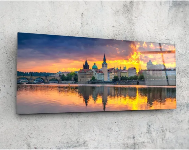 Insigne Art Panorama Glasschilderij - Prag - Landschappen - Stad - 92 x 36 cm Kleurrijk
