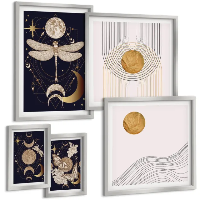 TULUP 4-Delige Schilderij Set - Stijlvolle ruimtethema's met insecten en geometrische patronen. - 50 x 50 cm, 20 x 30 cm en 40 x 60 cm - Wanddecoratie - Muurdecoratie - Moderne Interieurdecoratie - Decoratieve Schilderijen Zilveren lijst