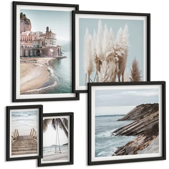 TULUP 4-Delige Schilderij Set - Stijlvol uitzicht op zee met stranden en architectuur - 50 x 50 cm, 20 x 30 cm en 40 x 60 cm - Stijlvolle Muurdecoratie - Kantoor - Woonkamer Decoratie Zwarte lijst