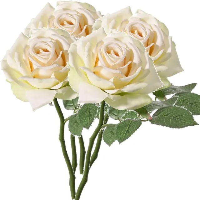 Top Art Kunstbloem Roos de luxe - 5x - creme wit - 30 cm - kunststof steel - decoratie bloemen