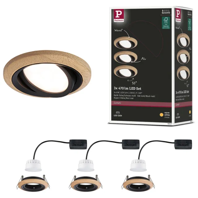 Paulmann LED-inbouwlamp Lanati Set van 3 rond 84 mm 30° Coin 3x6W 3x470lm 230V 2700K Geoliede eikenkleur, Zwart mat