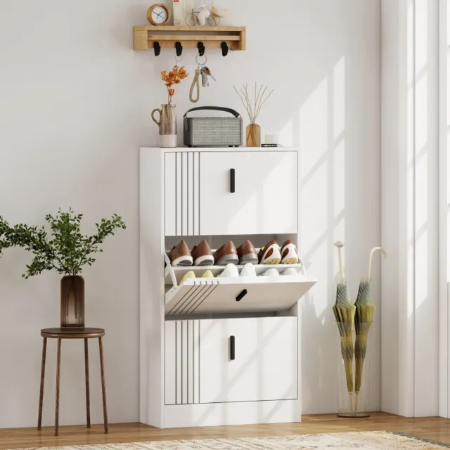 MODENUIT Schoenenkast - 3 Kleppen met Verstelbare Legplanken - Voor de Hal - Wit MDF - 63x24x117 Cm