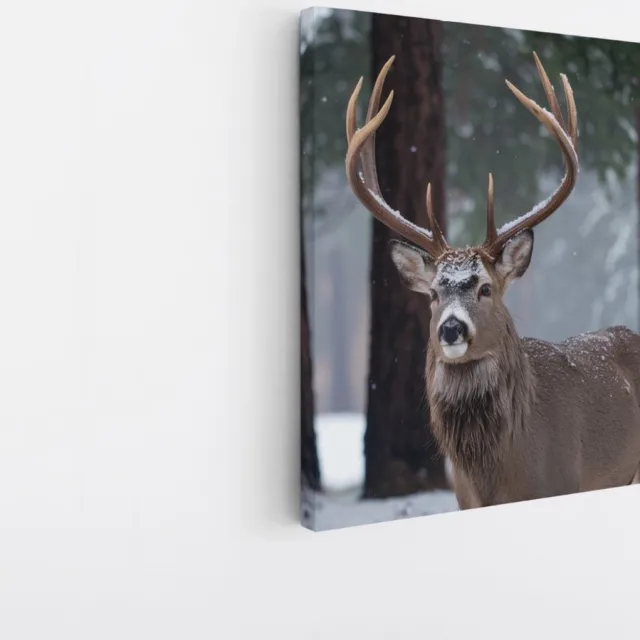 Saammp Canvas Schilderij - Hert in het bos met sneeuw - Natuur - Dieren - 100x100 - Foto op canvas - Wanddecoratie - Muurdecoratie Woonkamer - Slaapkamer decoratie - Canvas Print Multicolor