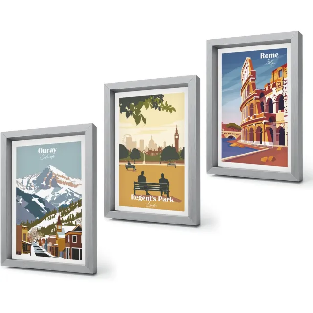 Coloray 4-Delige Schilderij Set - Bergen in Ouray Park in Londen, Colosseum in Rome - 20 x 30 cm - Wanddecoratie - Muurdecoratie - Moderne Interieurdecoratie Zilveren lijst