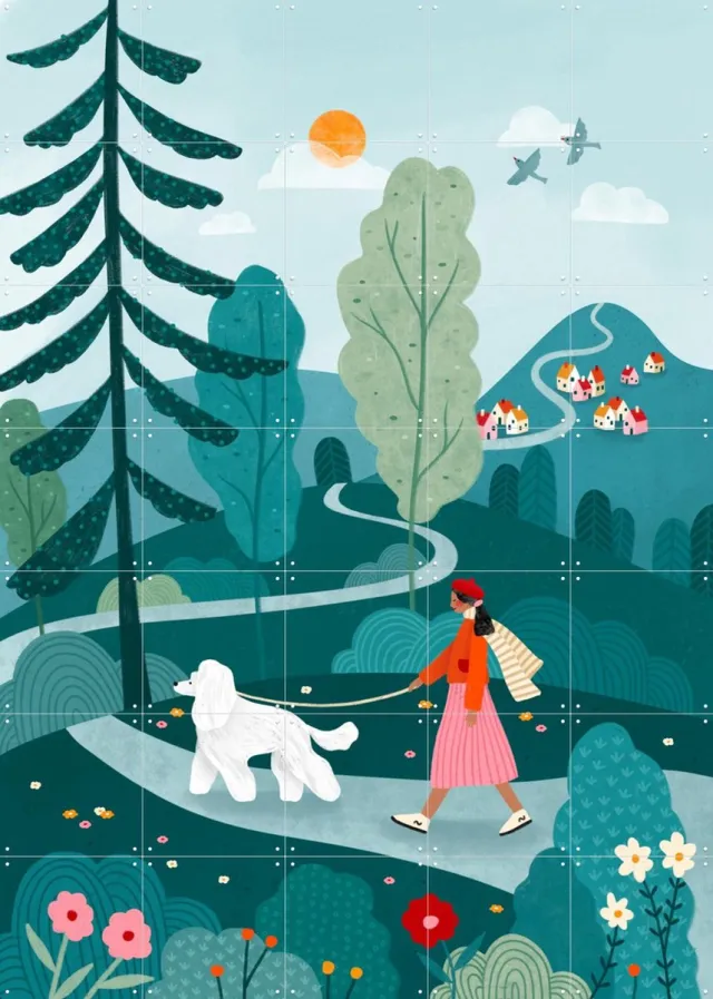 IXXI Poodle Walk, Bea Müller & Various - 100 x 140 cm - Grote wanddecoratie en posters - Modern, Fantasierijk, Kleurrijk, Speels, Cartoonesk Groen / Blauw