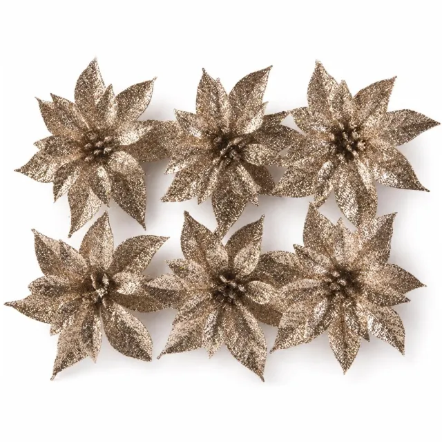Cosy&Trendy Cosy & Trendy Bloemen op clip - 6x st - champagne - glitter - 8 cm - kerstversiering - kerstbloemen