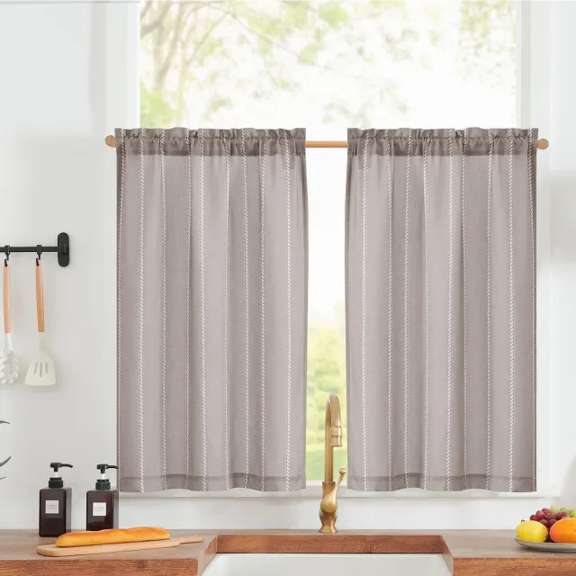 Unyqoos Moderne Linnenlook Gestreepte Gordijnen voor Keuken en Woonkamer, Lichtfilterend, 65 x 90 cm, Set van 2, Grijs