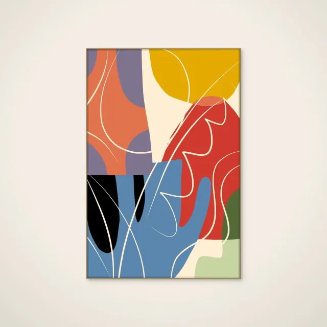 HelloWalls Akoestisch schilderij - 60 x 90 cm - Colorful Organic Abstraction van Little Dean - Abstracte wanddecoratie - goud textielframe Meerkleurig