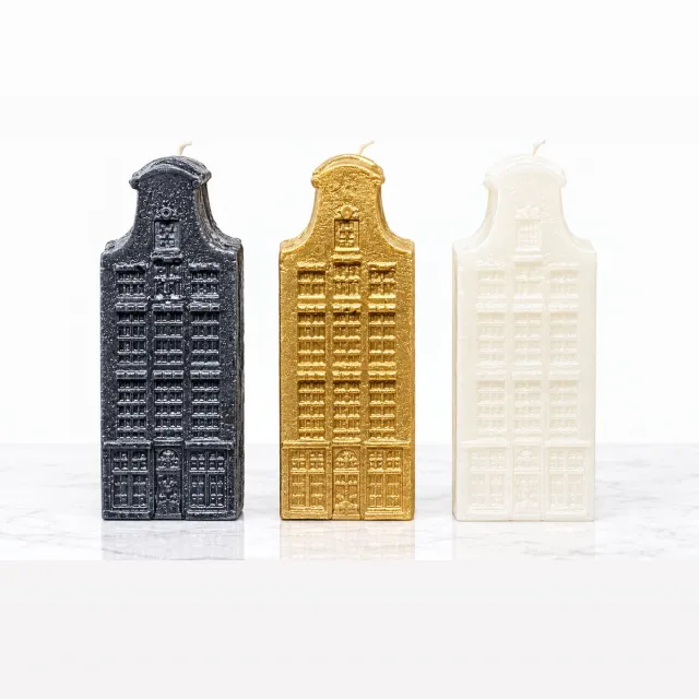 Daan kromhout Kaarsen - Set/3 - Hollandse huisjes- 3x 20cm Wit, zwart, goud