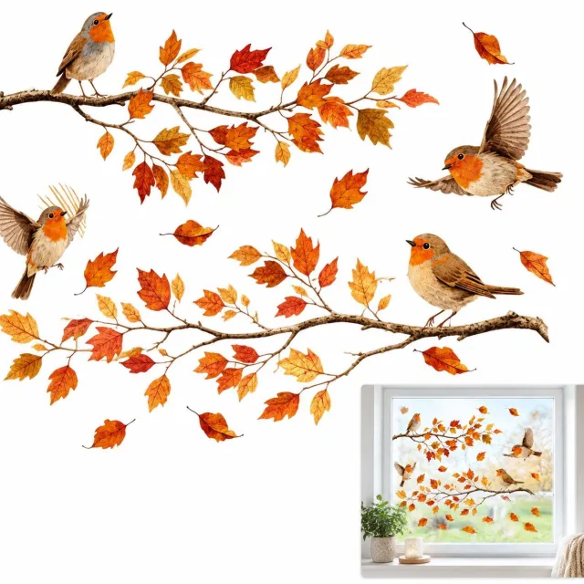 VHV Raamstickers herfst - Herbruikbare statische raamdecoratie met vogels, takken en bladeren - Herfst raamfolie voor woonkamer Multi