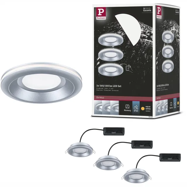 Paulmann LED-inbouwlamp Sormus Set van 3 IP65 rond 100 mm 3x4,8W / 1,5W 3x300lm 230V 3000K Chroom mat