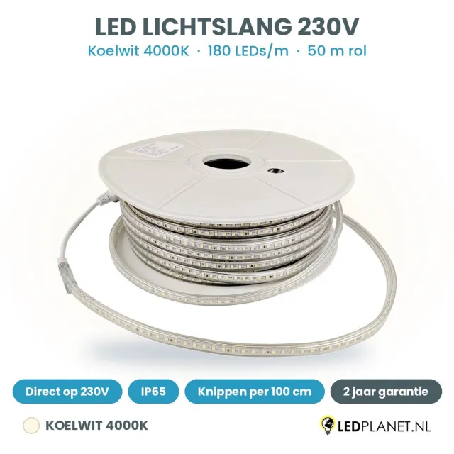 Tsong LED Lichtslang 230V - Koelwit 4000K - 180 LEDs/m - 7,2W/m - 720lm/m - IP65 - 12mm - 50m rol
